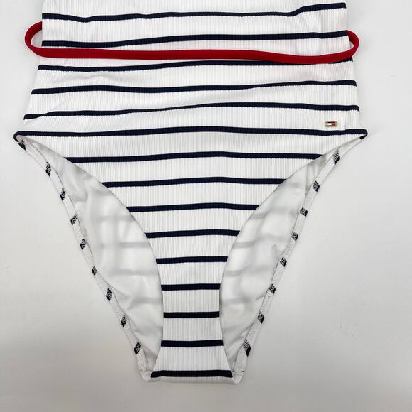 Tommy Hilfiger | NWT The Sofia Capsule Bandeau Belted Swimsuit Navy White Stripe - Picture 11 of 15